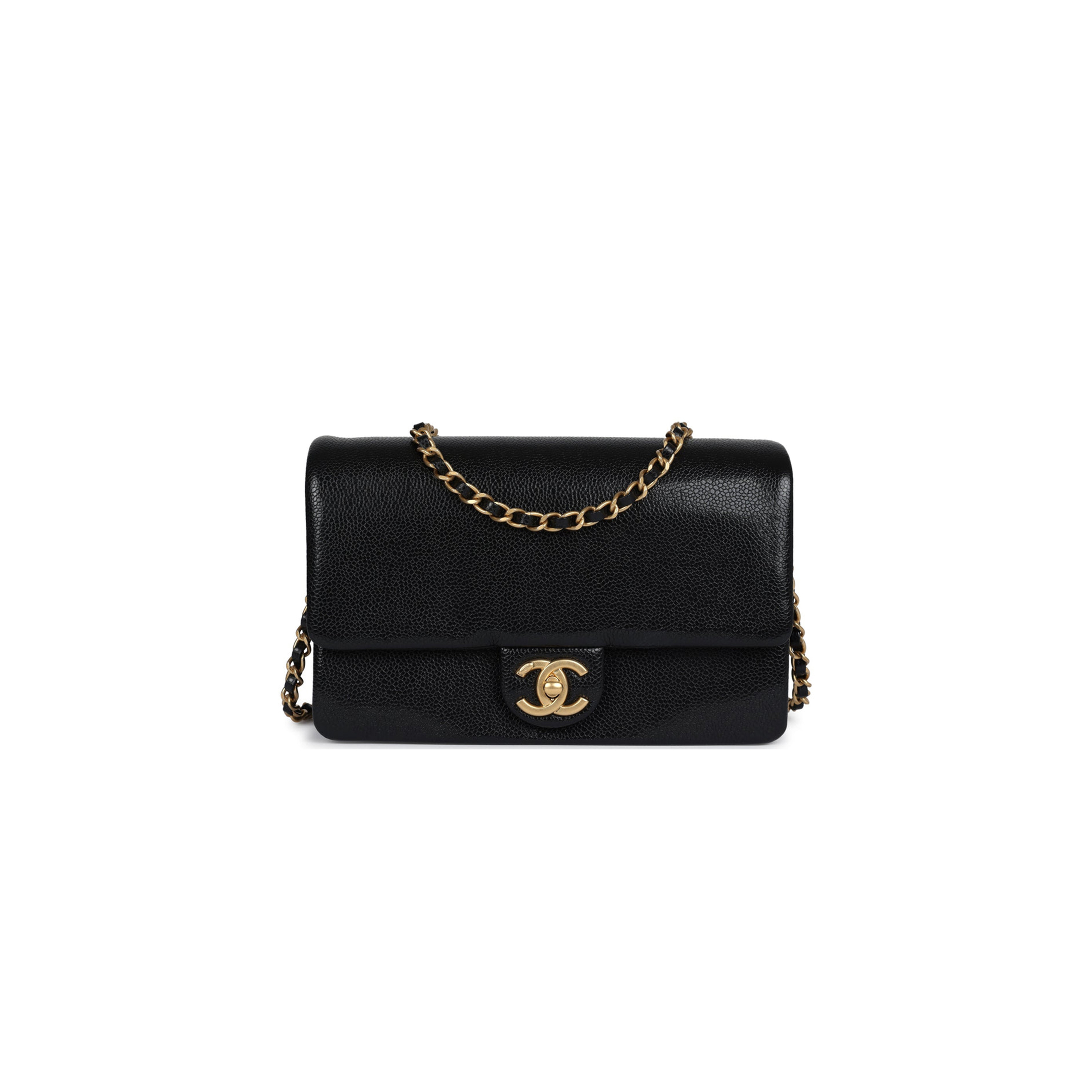 CHANEL MASTER SMALL FLAP BAG BLACK SHINY GRAINED CALFSKIN BRUSHED GOLD HARDWARE  AS5186 (23*15*8cm)
